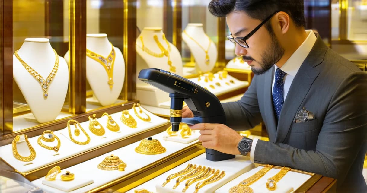 鑑定師使用 XRF 分析儀檢測黃金成色，巧品珠寶台北店現場